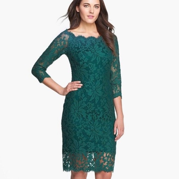 Woman’s Size 4 Tadashi Shoji Green Lace Sheath Scalloped Dress - Picture 1 of 8